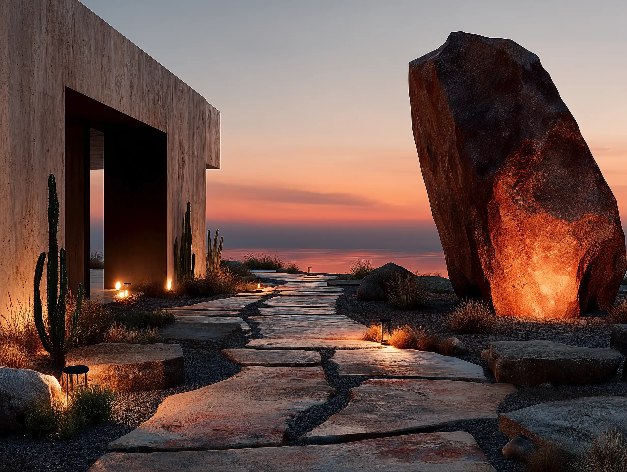 Modern desert landscape with sandstone paths, cacti, and minimalist sculptures under warm dusk tones
